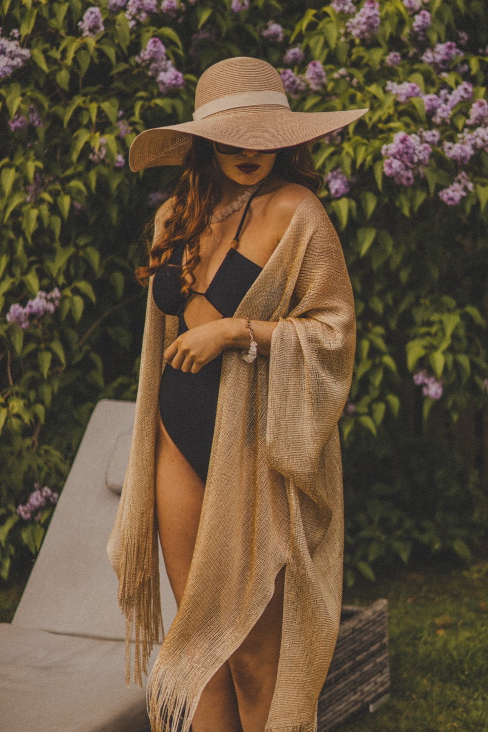 Viscose Metallic Tassel Kimono Beach Coverup in Gold