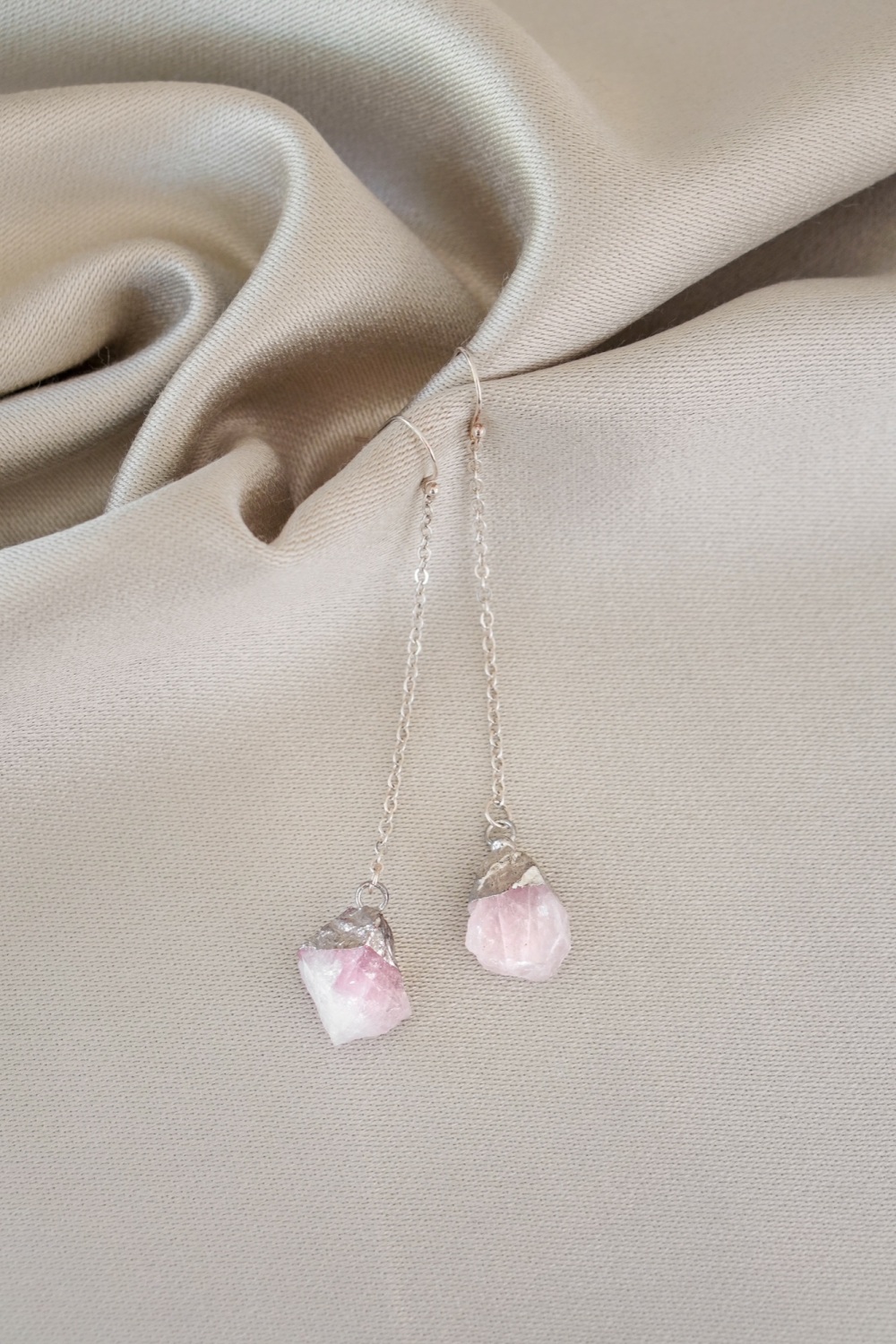 925 Sterling Silver Raw Rose Quartz Dangle Drop Earrings