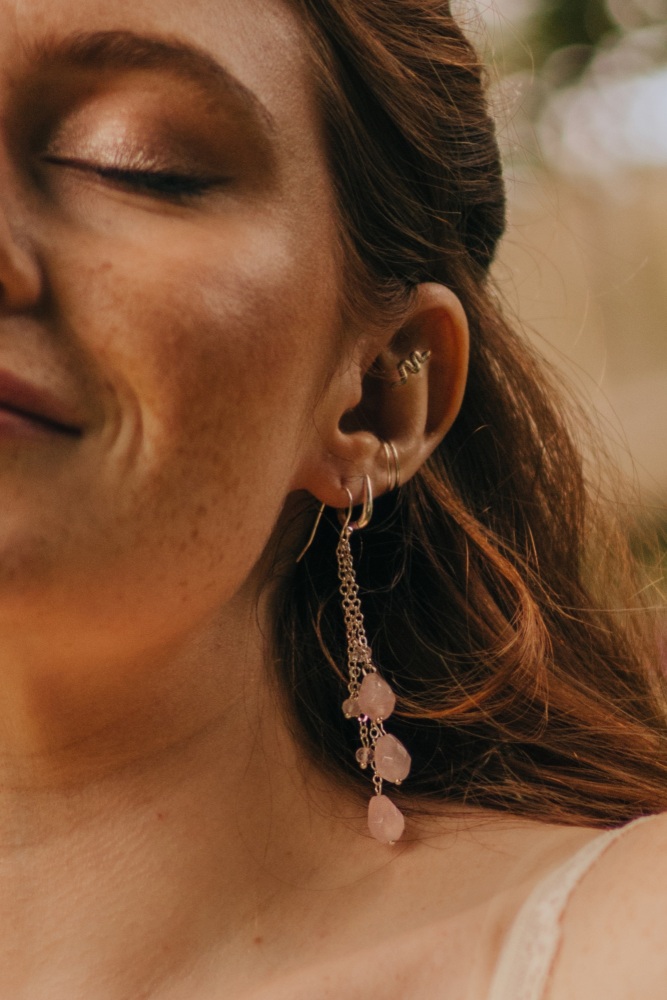 925 Sterling Silver Waterfall Rose Quartz Layer Earrings