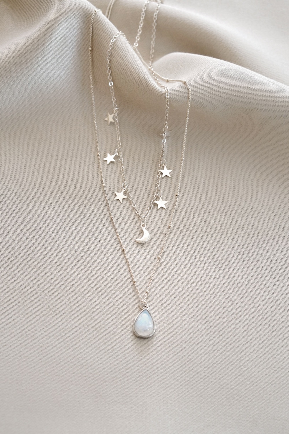 Layered Moon and Star Moonstone Necklace