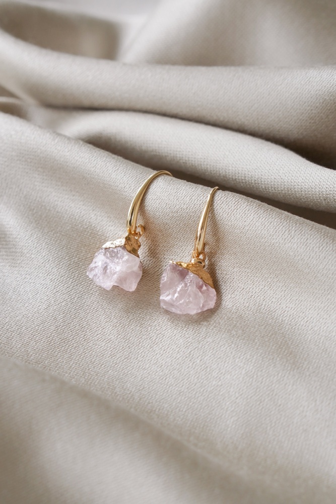 Gold Tone Raw Cut Rose Quartz Rock Earrings