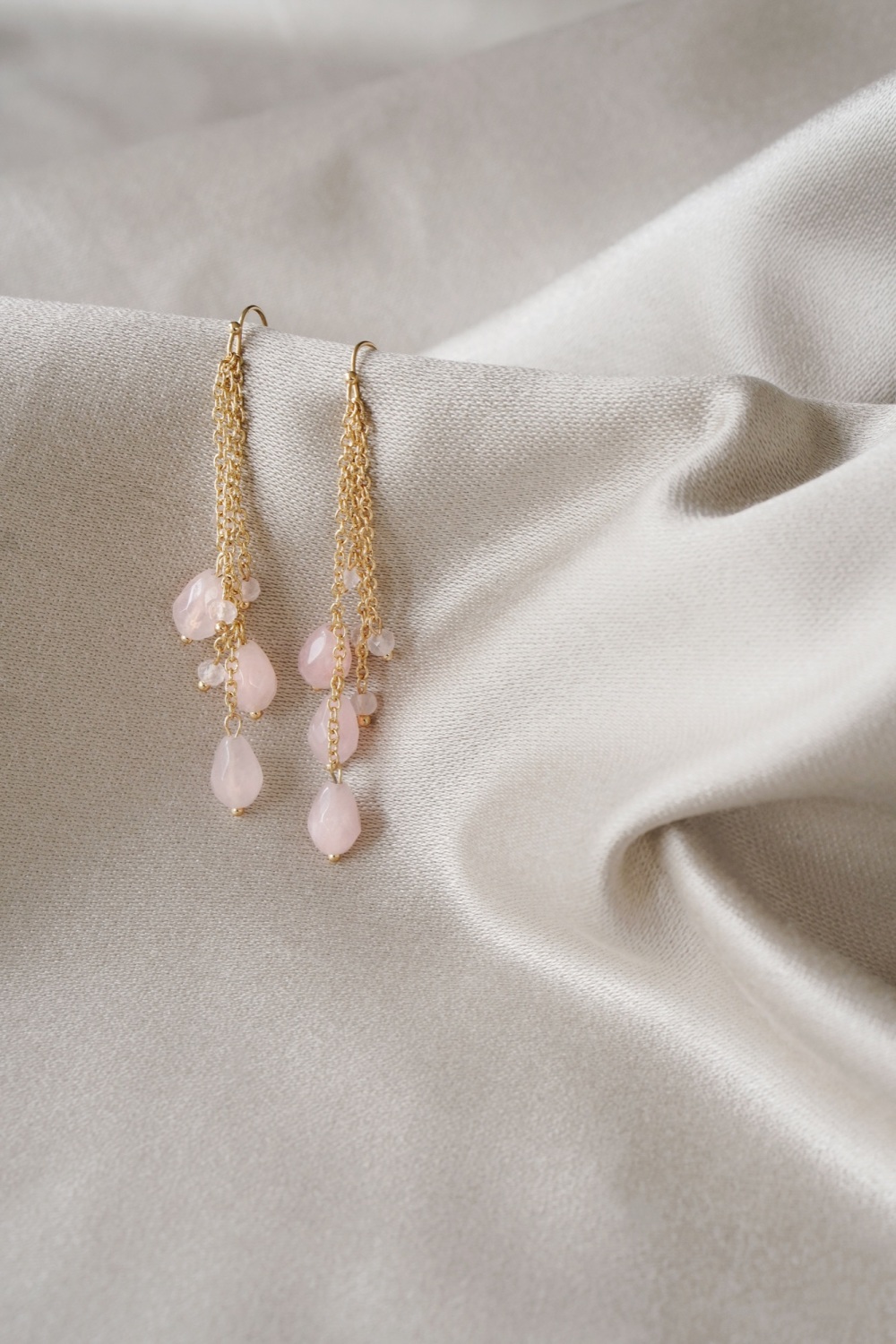 Gold Tone Waterfall Rose Quartz Layer Earrings