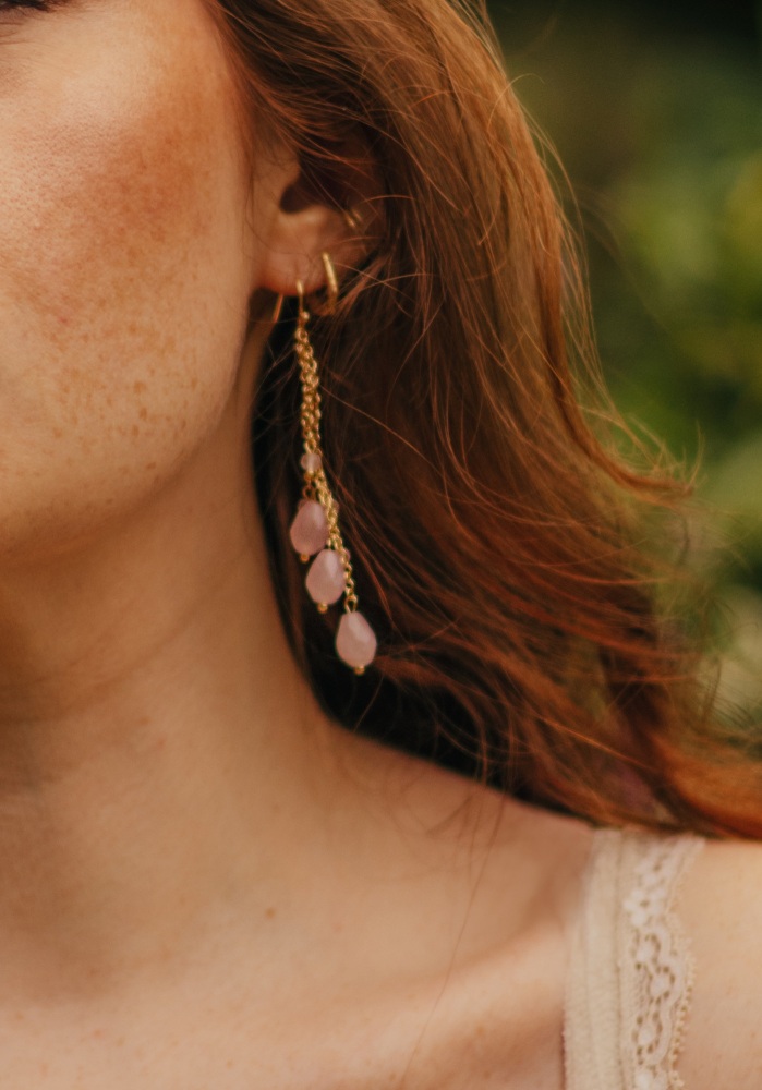 Gold Tone Waterfall Rose Quartz Layer Earrings