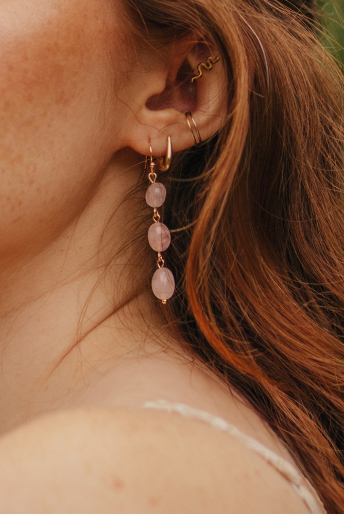 Gold Tone Rose Quartz 3 Drop Earrings