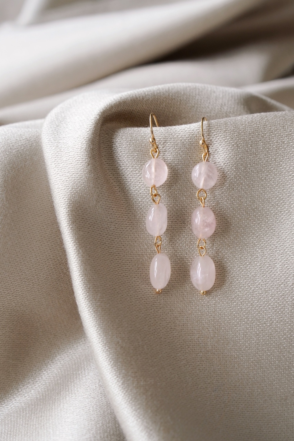 Gold Tone Rose Quartz 3 Drop Earrings