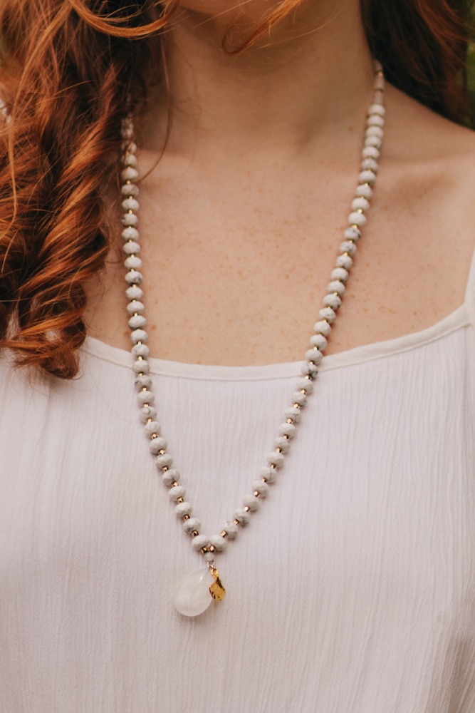 Howlite Long Length Crystal Necklace with Gold Tone Ginkgo Leaf