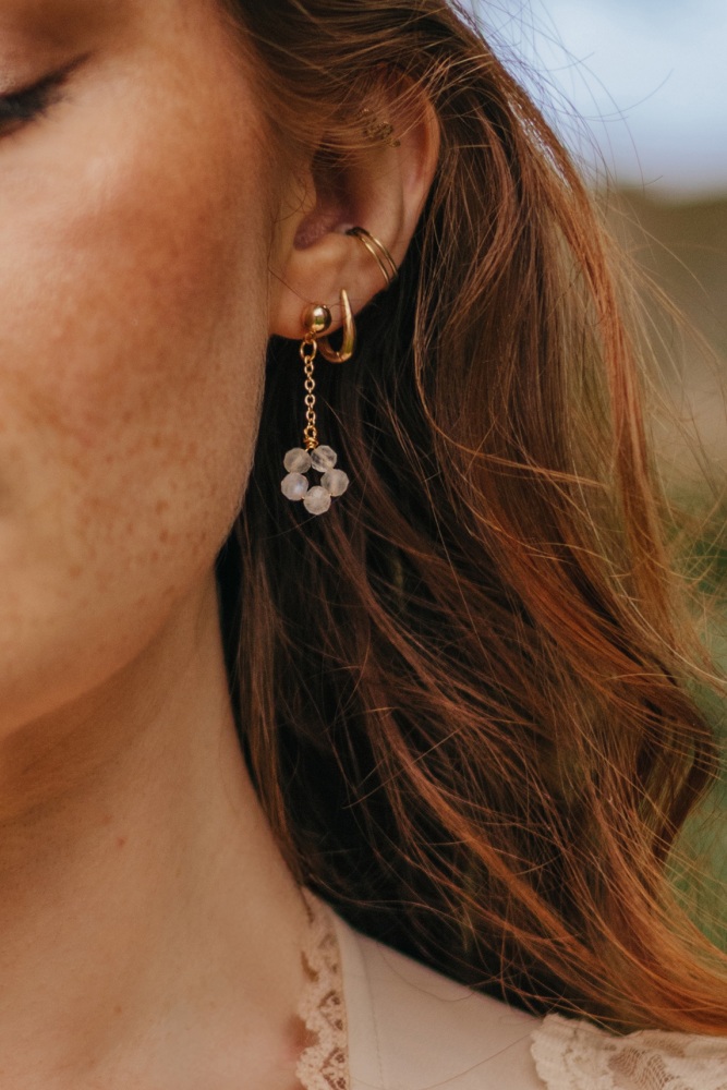 Gold Tone Moonstone Flower Crystal Earrings