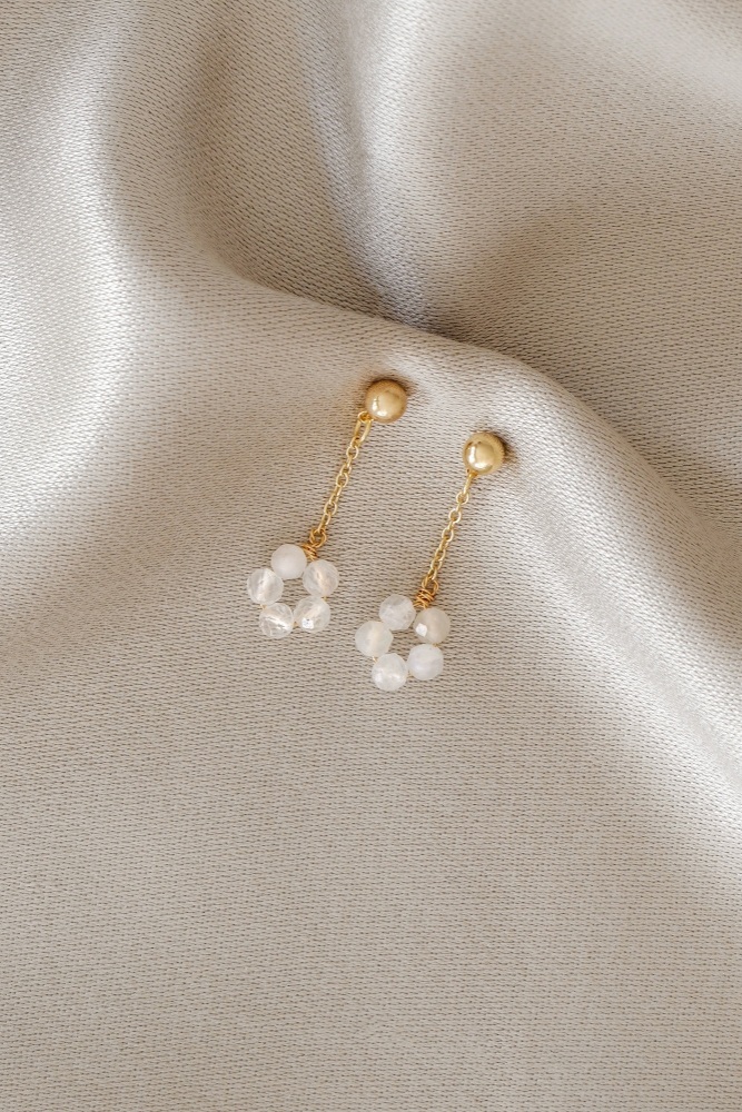 Gold Tone Moonstone Flower Crystal Earrings