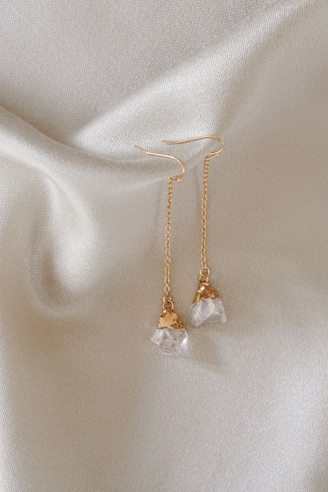 Gold Tone Raw Quartz Dangle Drop Earrings