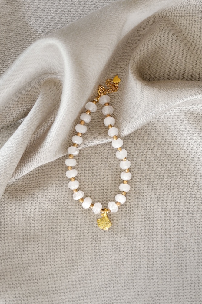 Clear Quartz Bracelet with Gold Tone Ginkgo Leaf