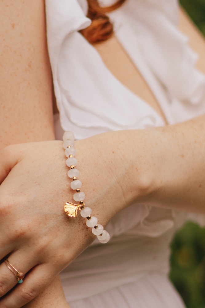 Clear Quartz Bracelet with Gold Tone Ginkgo Leaf