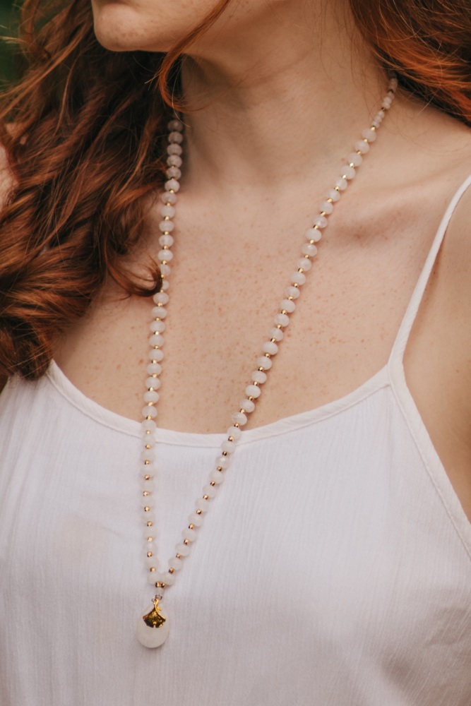 Clear Quartz Longer Length Necklace With Gold Tone Ginko Leaf