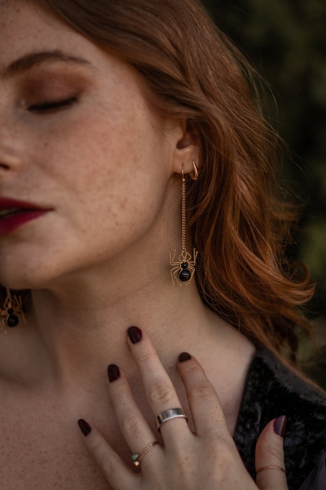 Black Obsidian Hand Wrapped Halloween Spider Drop Earrings