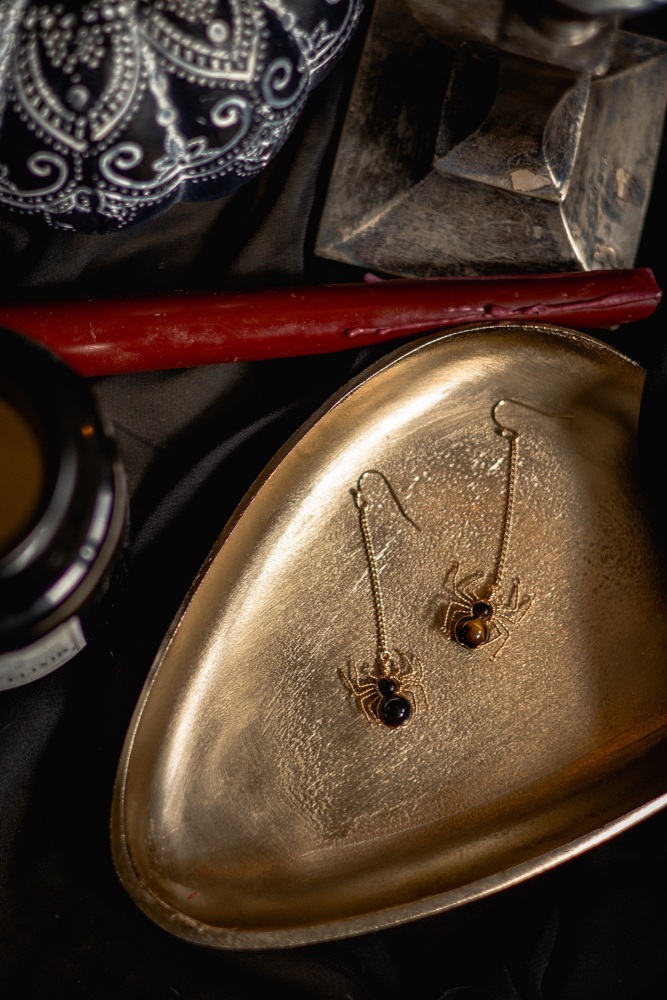 Tiger's Eye Hand Wrapped Halloween Spider Drop Earrings