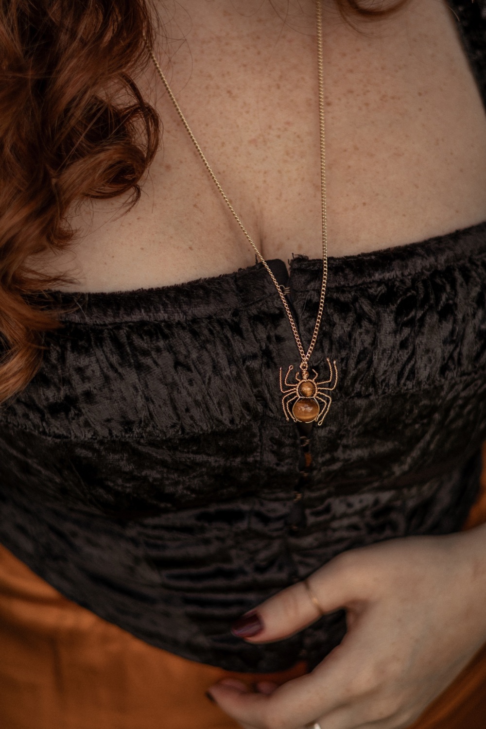 Tiger's Eye Hand Wrapped Halloween Spider Necklace