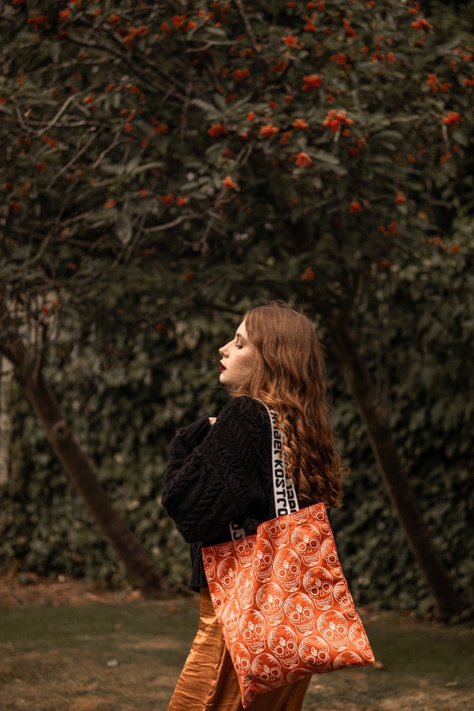 Halloween Orange Skull Tote Bag by Xander Kostroma