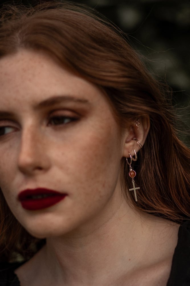 Mini Sterling Silver Hoop and Orange Aventurine Cross Earrings