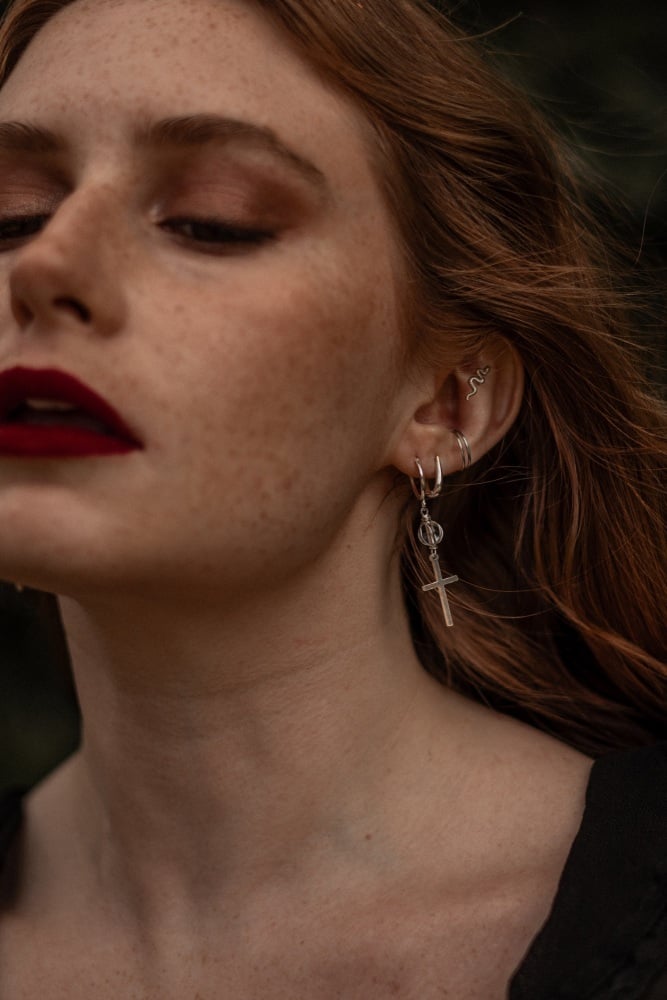 Mini Sterling Silver Hoop and Quartz Cross Earrings