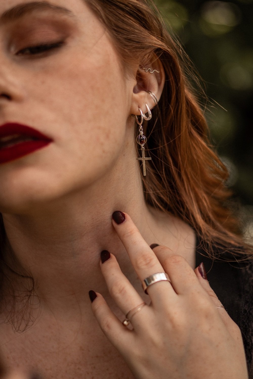 Mini Sterling Silver Hoop and Red Garnet Cross Earrings