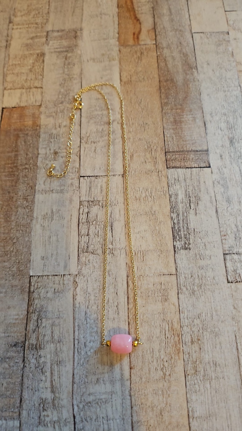 14ct Gold Long Length Necklace - Pink Agate