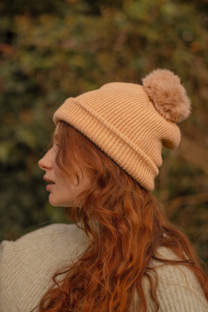 Luxury Golden Peach Pom Pom Rib Knit Beanie Hat