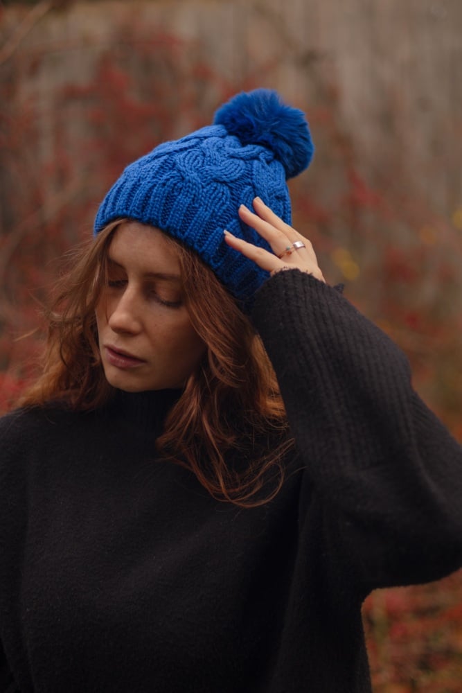 Royal Blue Pom Pom Cable Knit Beanie Hat