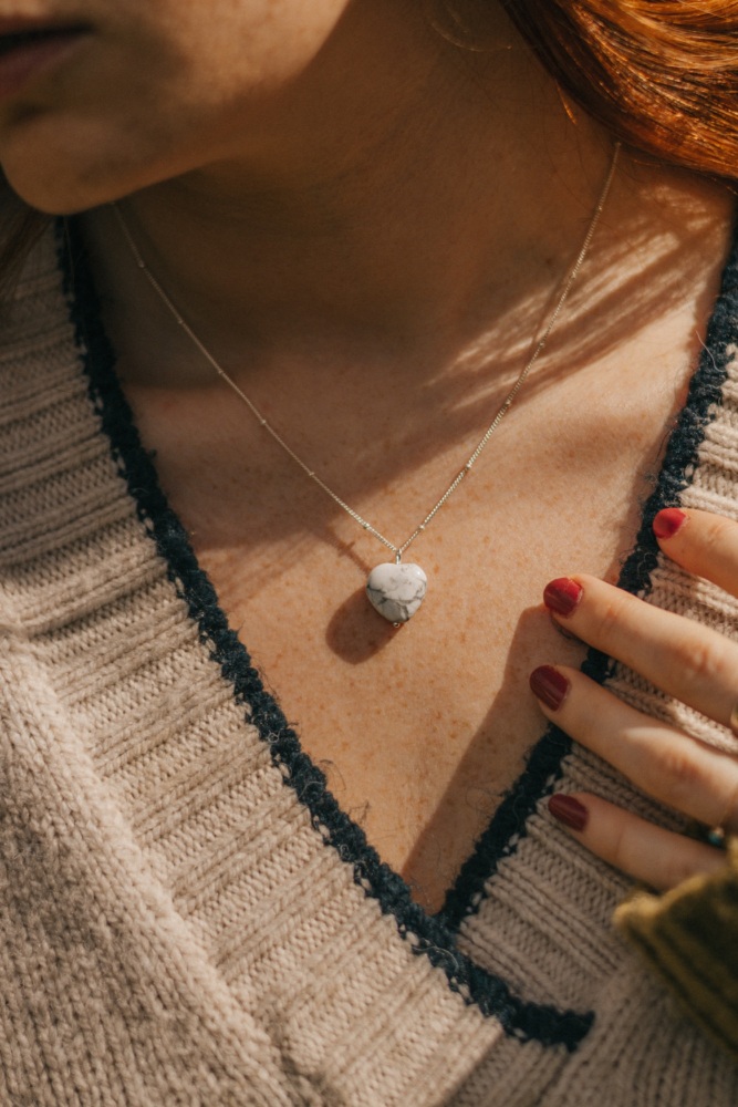 Howlite White Heart Sterling Silver Necklace