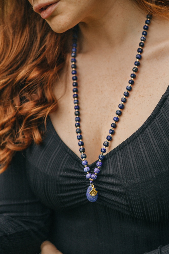 Lapis Lazuli Long Length Crystal Necklace With Gold Tone Ginkgo Leaf