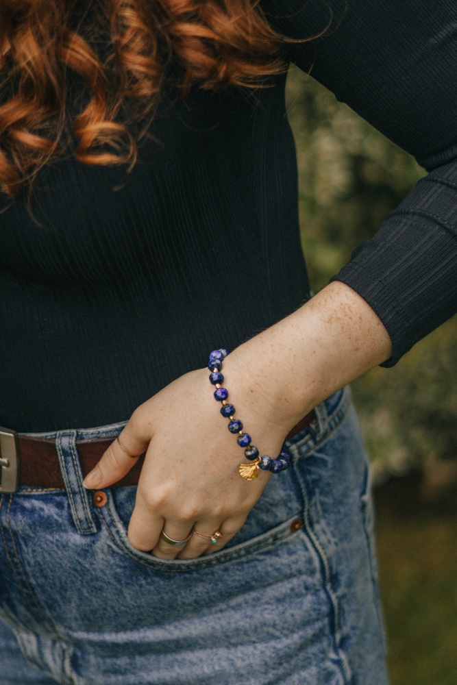 Lapis Lazuli Stone Bracelet With Gold Tone Ginkgo Leaf