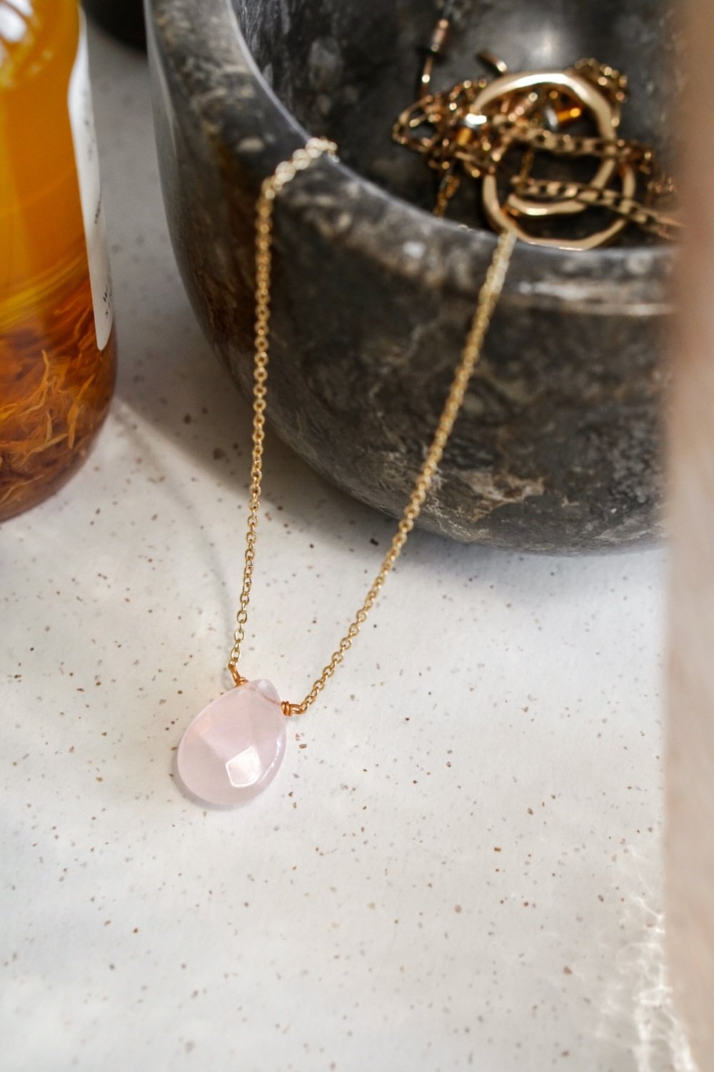 Rose Quartz Teardrop Pendant Necklace