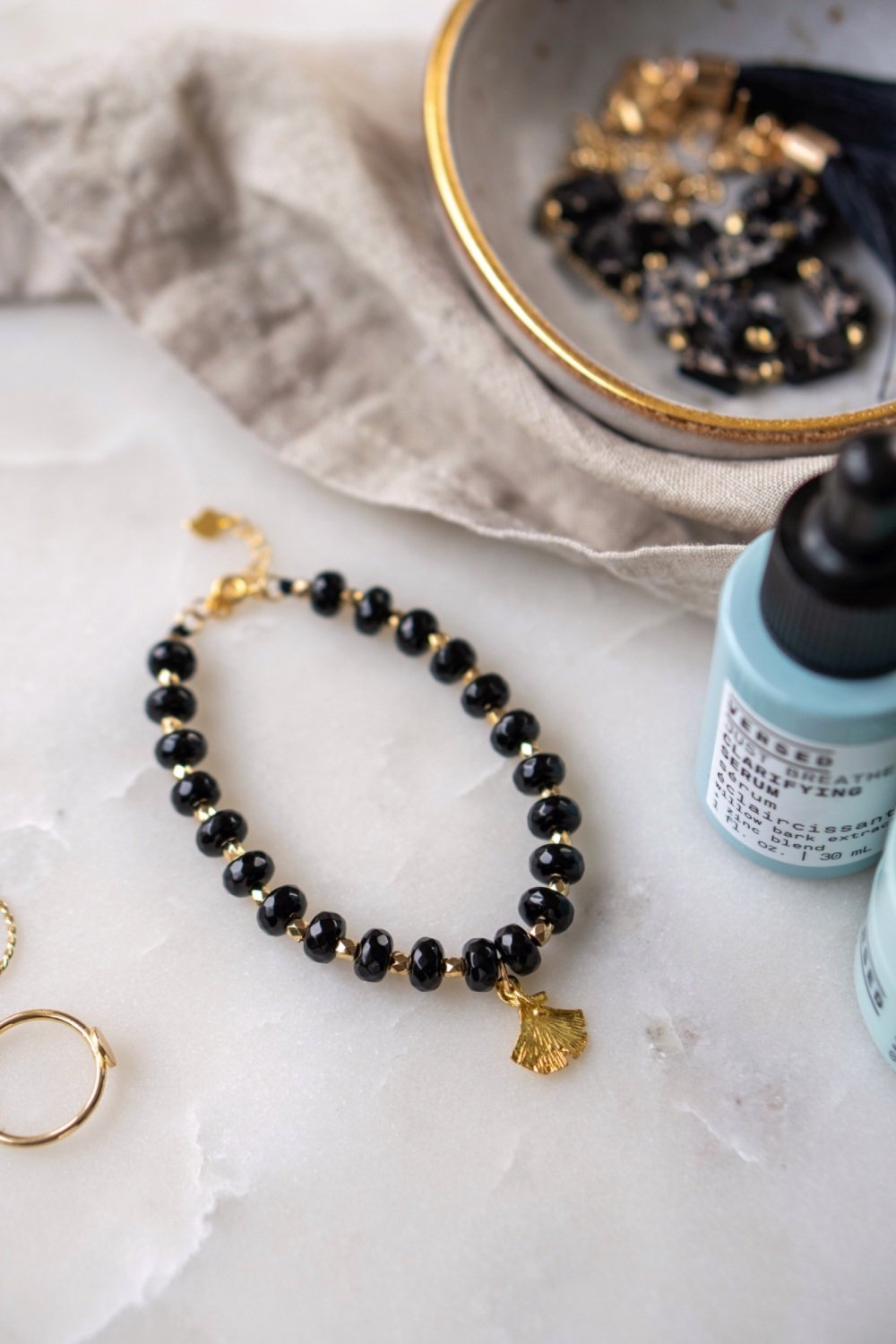 Black Chalcedony Bracelet with Gold Tone Ginko Leaf