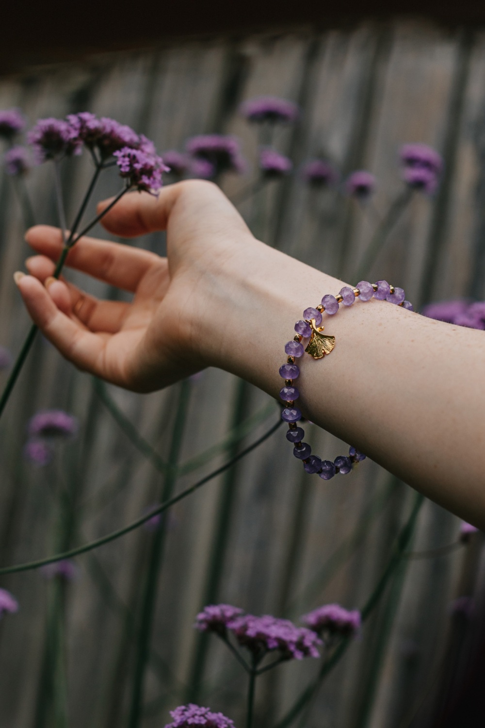 Amethyst Crystal Bracelet with Gold Tone Ginko Leaf