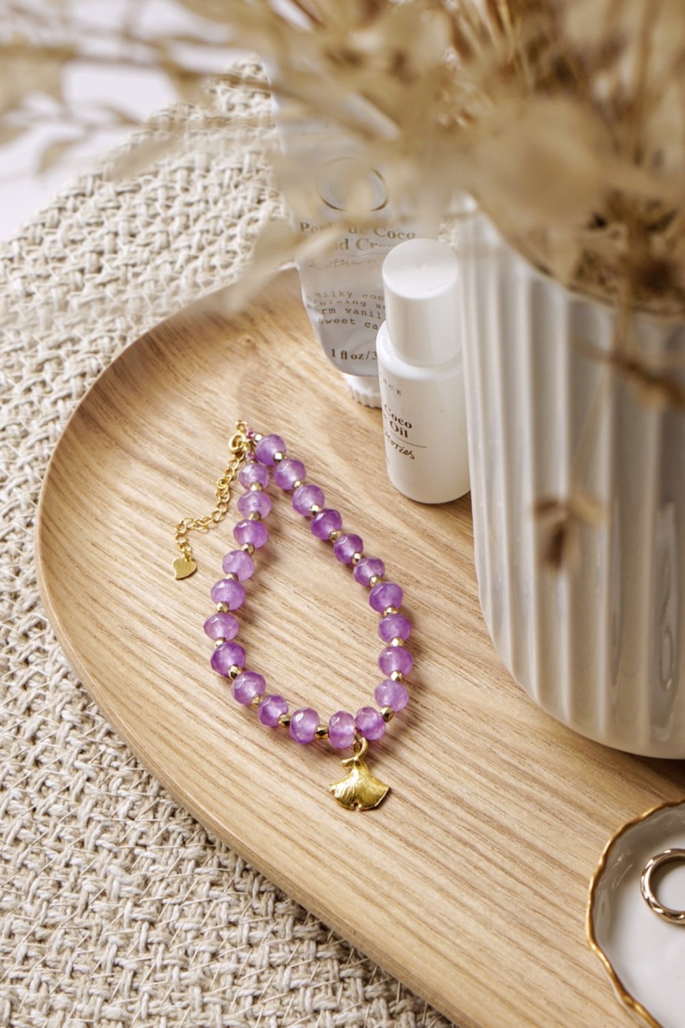 Amethyst Crystal Bracelet with Gold Tone Ginko Leaf