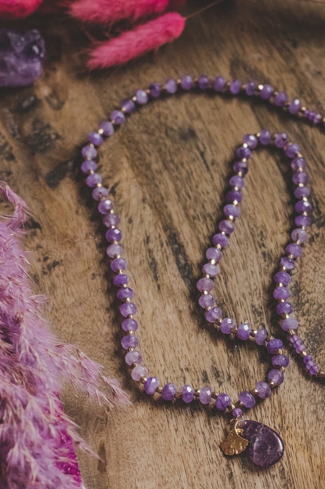 Amethyst Long Length Crystal Necklace with Gold Tone Ginkgo Leaf