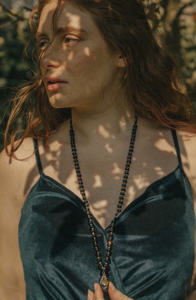 Black Chalcedony Long Length Crystal Necklace with Ginkgo Leaf