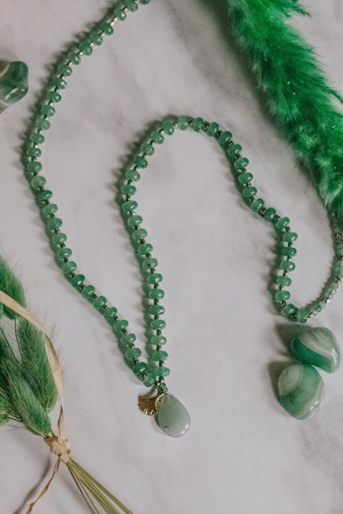 Green Chalcedony Long Length Crystal Necklace with Gold Tone Ginkgo Leaf