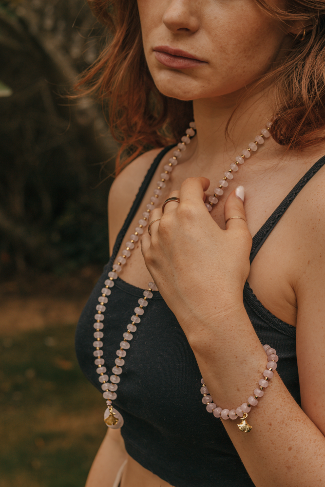 Rose Quartz Long Length Crystal Necklace with Gold Tone Ginkgo Leaf