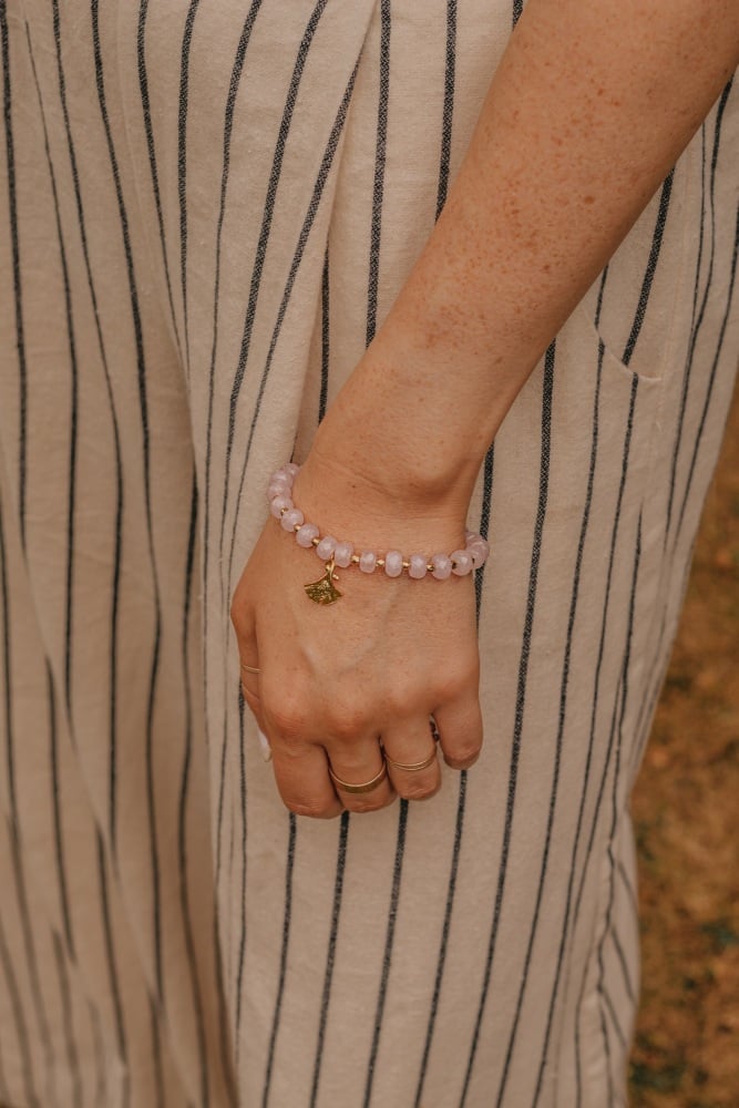 Rose Quartz Bracelet with Gold Tone Ginkgo Leaf