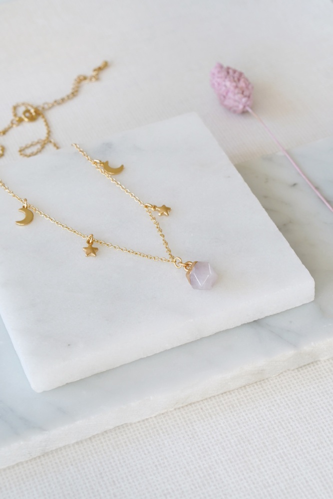 Rose Quartz Moon and Star Necklace