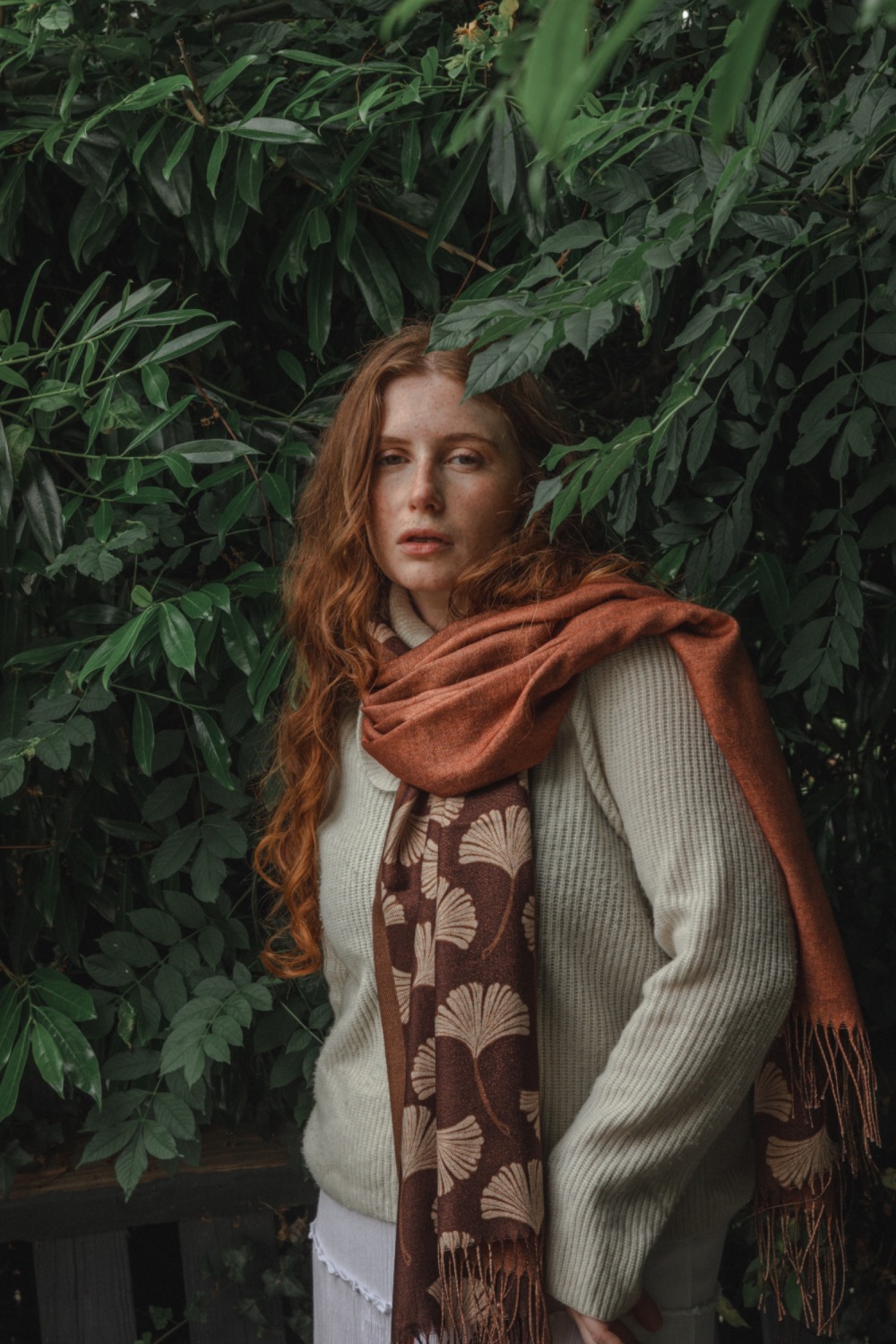 Deep Chocolate Ginkgo Leaf Pashmina Scarf with Tassels