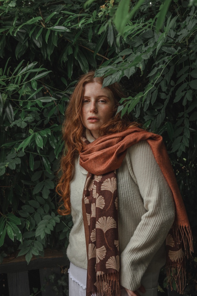 Deep Chocolate Ginkgo Leaf Pashmina Scarf with Tassels