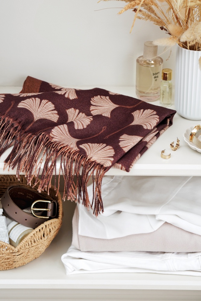 Deep Chocolate Ginkgo Leaf Pashmina Scarf with Tassels