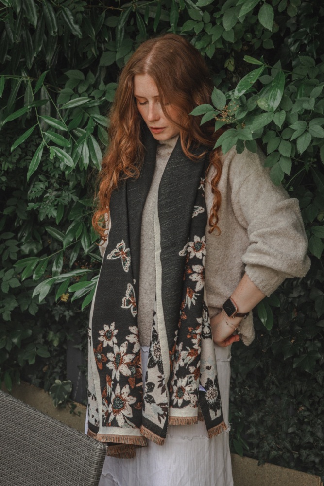 Embroidered Butterfly & Floral Border Pashmina Scarf
