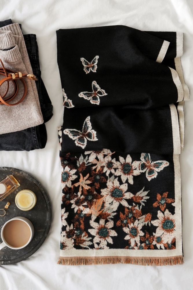 Embroidered Butterfly & Floral Border Pashmina Scarf
