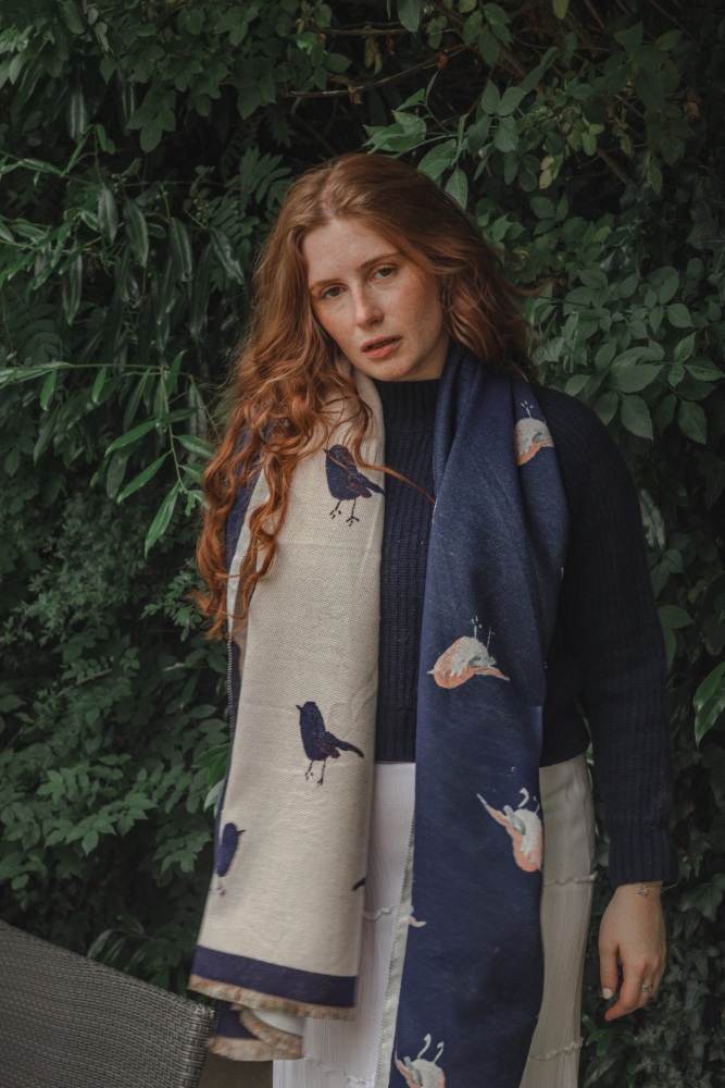 Navy Embroidered Robin Pashmina Scarf