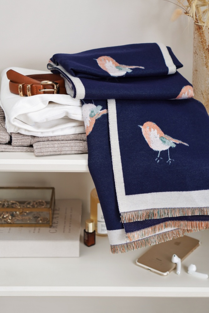 Navy Embroidered Robin Pashmina Scarf