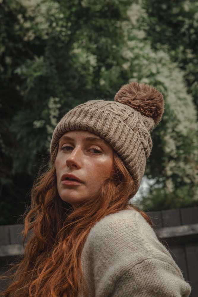 Mocha Pom Pom Faux Fur Cable Knit Beanie Hat