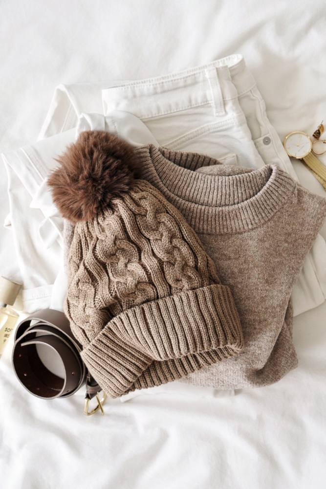 Mocha Pom Pom Faux Fur Cable Knit Beanie Hat