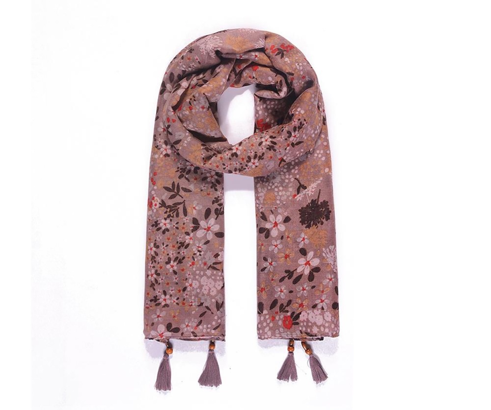 Dusky Pink Floral Tassel Scarf