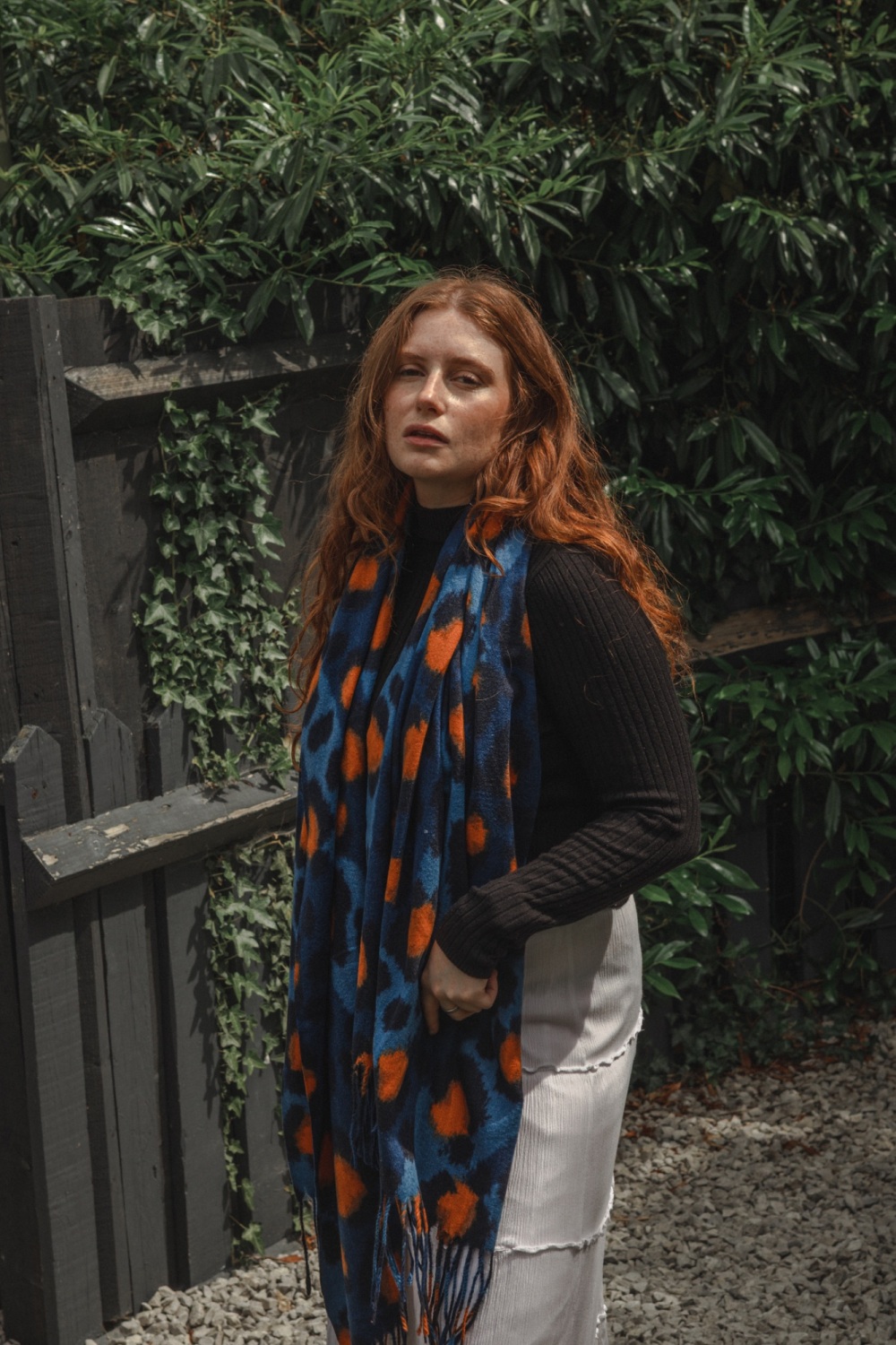 Fire Orange and Navy Blue Leopard Print Pashmina Scarf